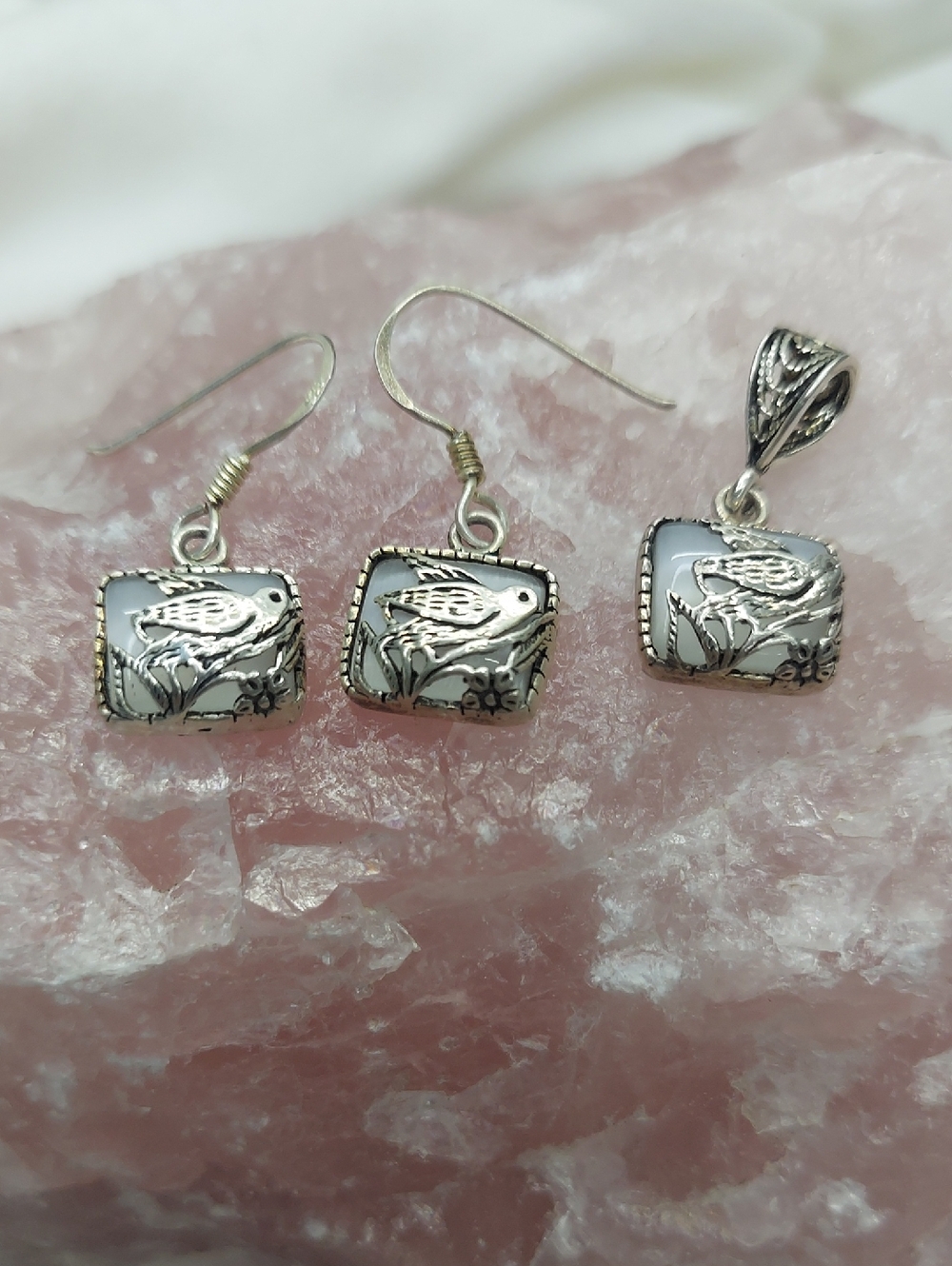 Sterling Silver Bird Motif White Enamel Pendant and Earrings Set